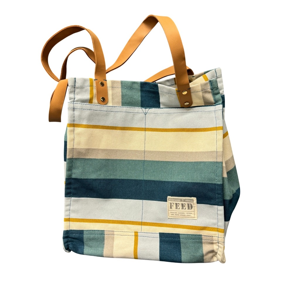 FEED Market Tote Bag Women Large Blue Teal Striped Canvas Multi-Pocket